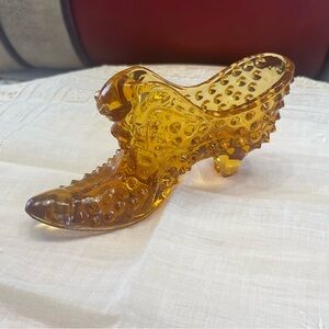 Fenton Art Glass Amber Hobnail Shoe Slipper with Cat Head